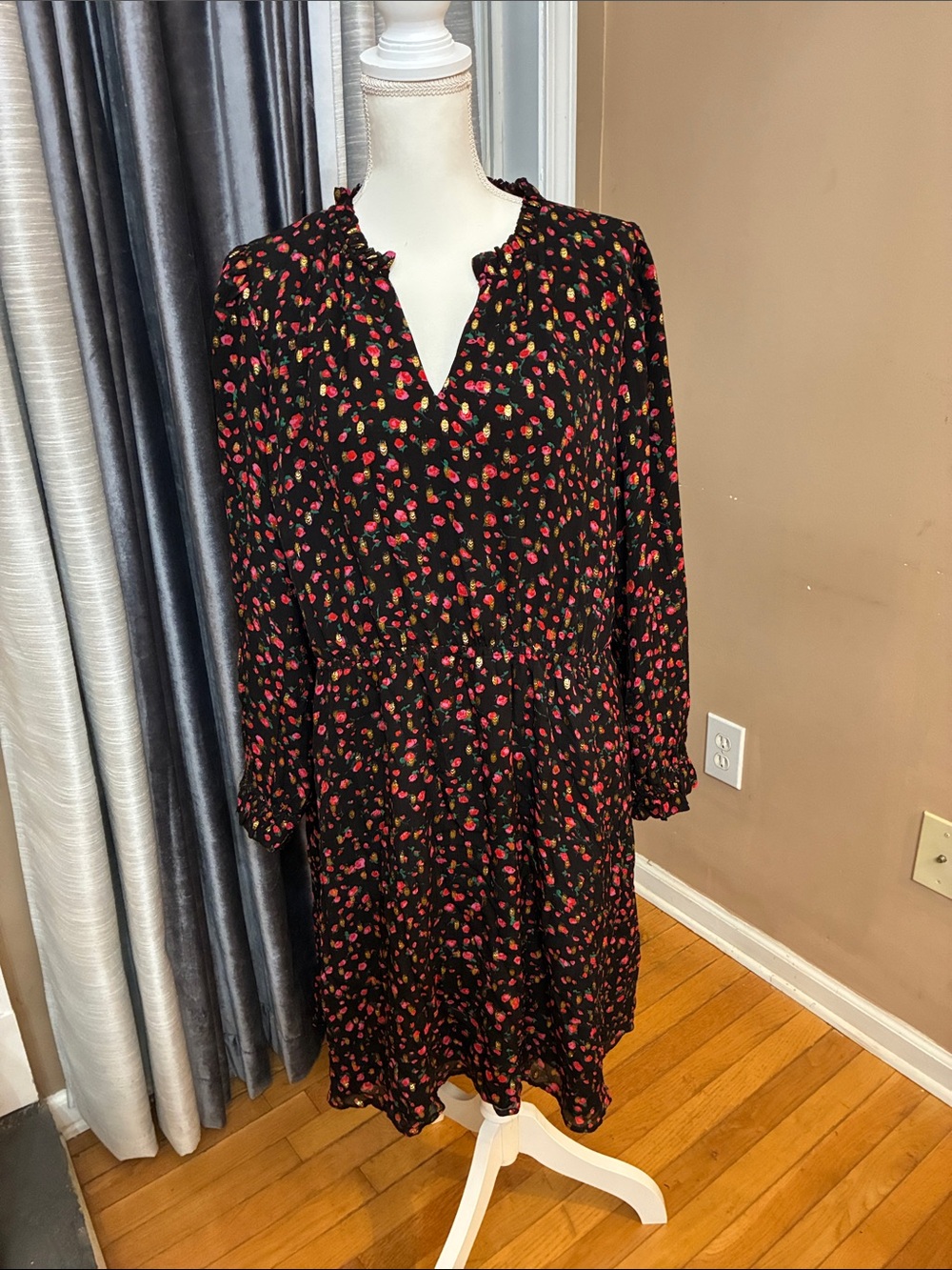 J. Crew Black Floral Long-Sleeve Ruffle-Trim Holiday Dress